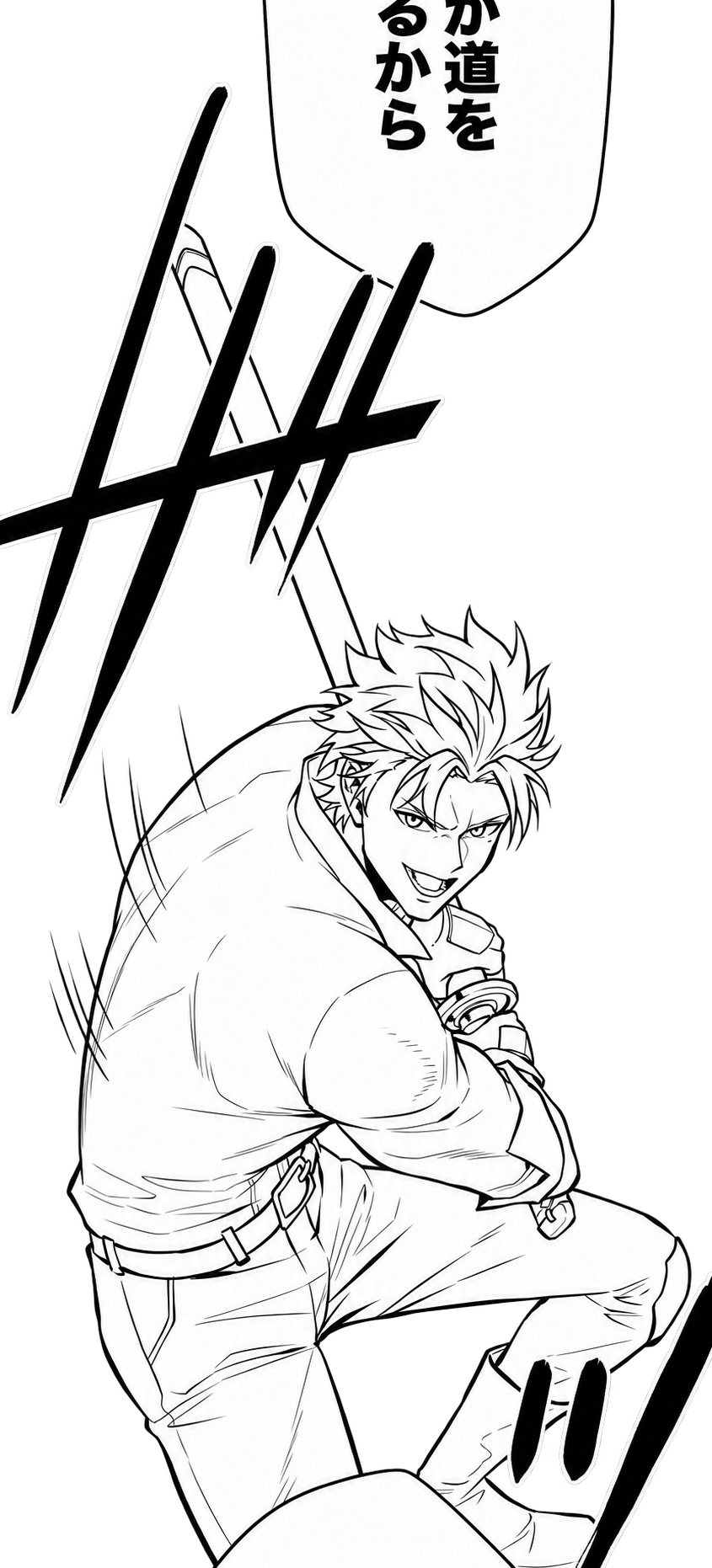 A swordsman in a dynamic crouching pose, rendered in line art