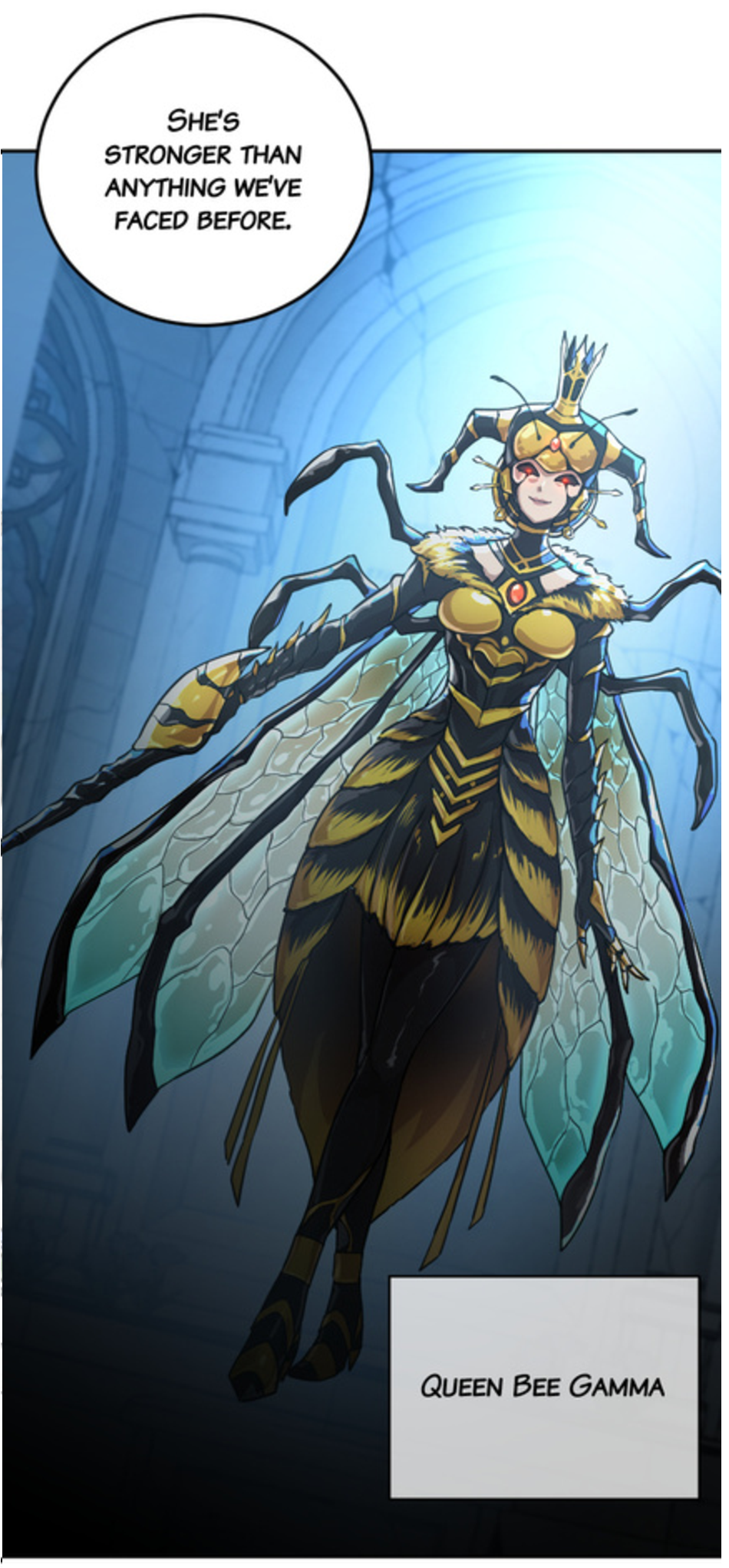 Queen Bee Gamma in a coloured fantasy character panel