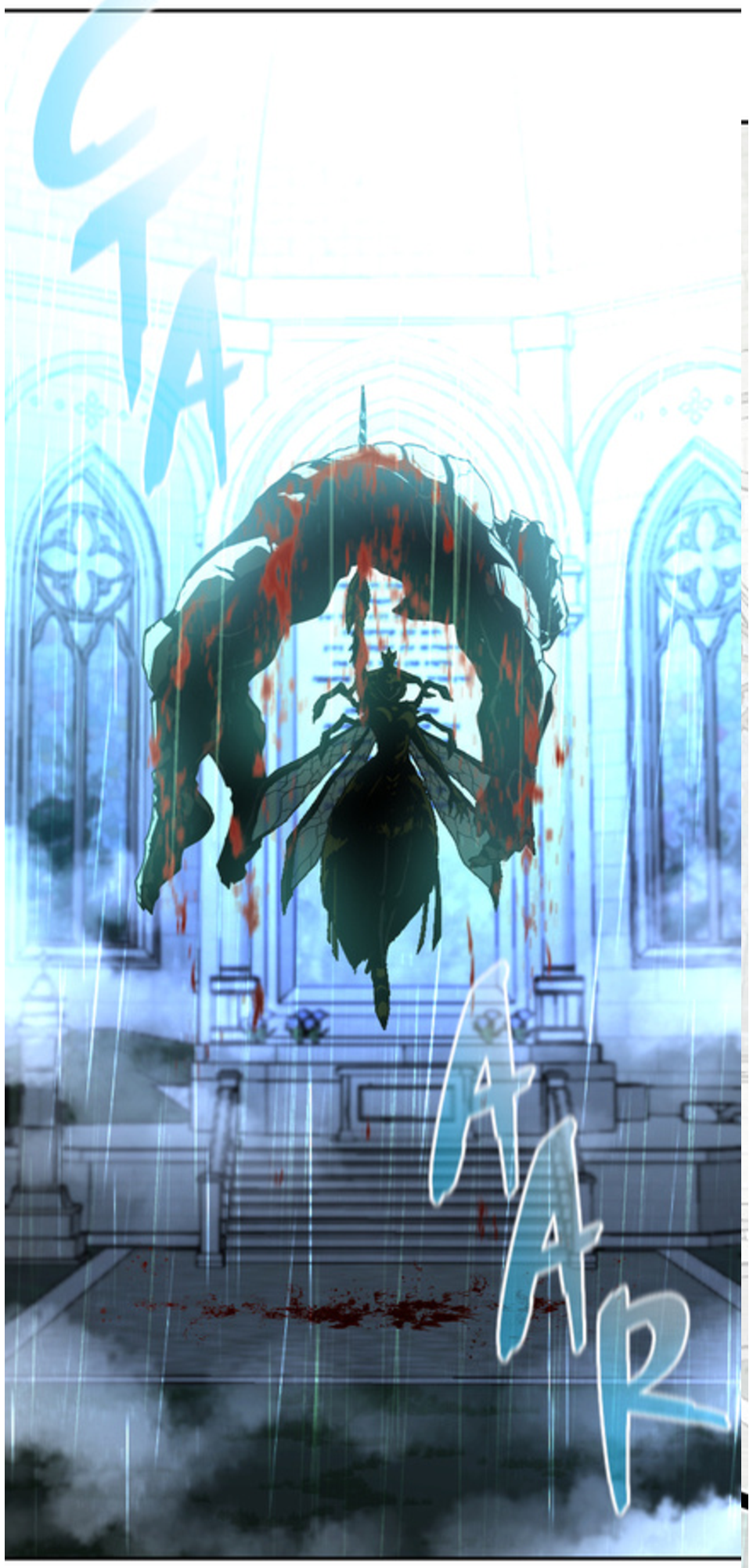 A dramatic fantasy scene with blue lighting and atmospheric effects