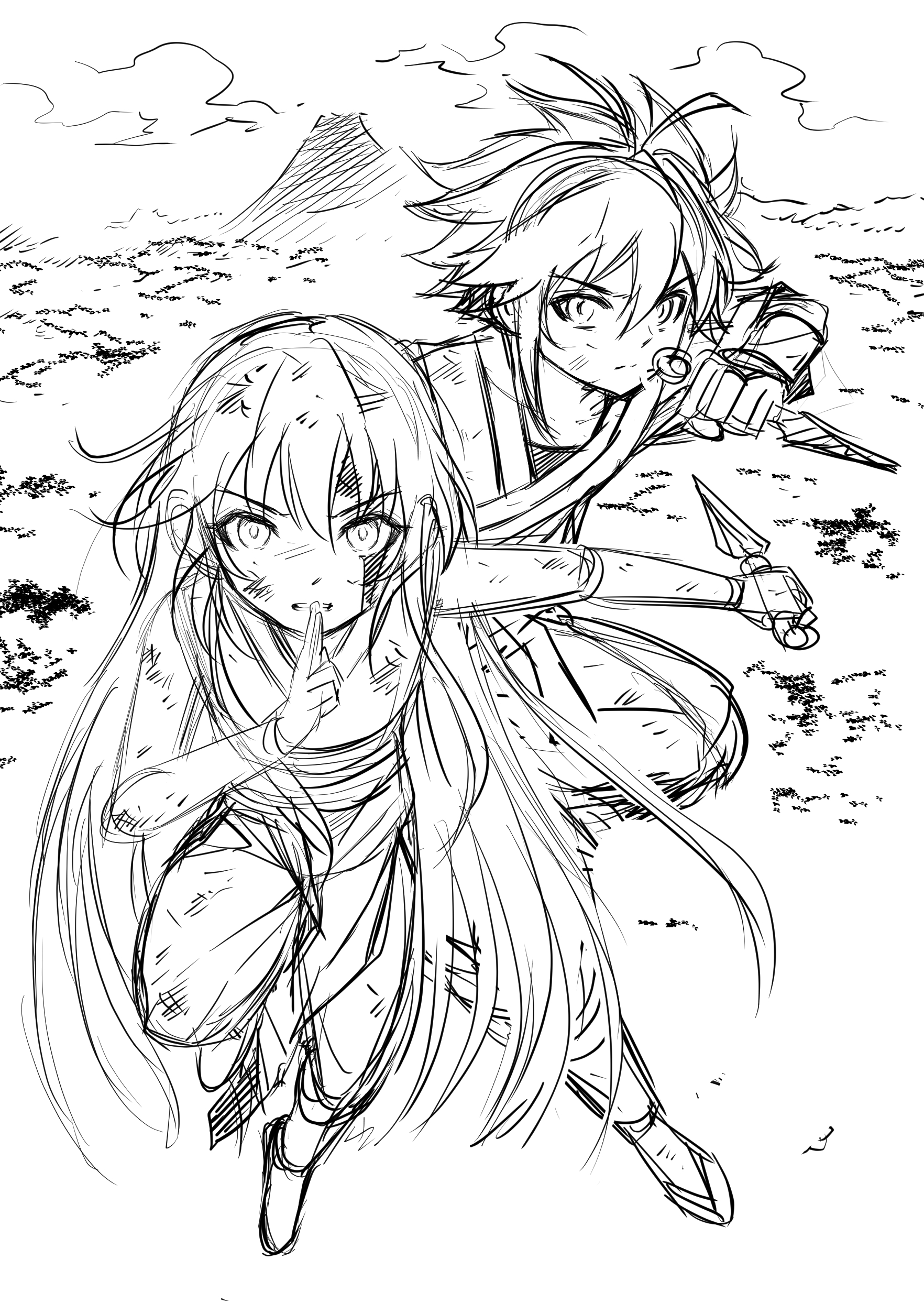 Two characters in a dynamic action composition